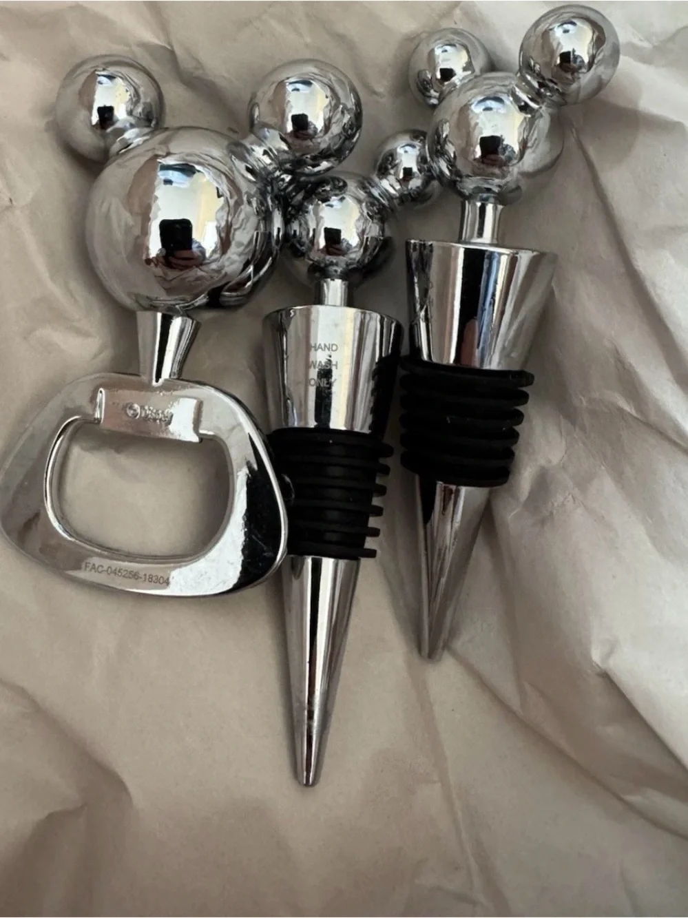 Silver Mickey-Style Wine Stopper and Bottle Opener Set - Unbranded